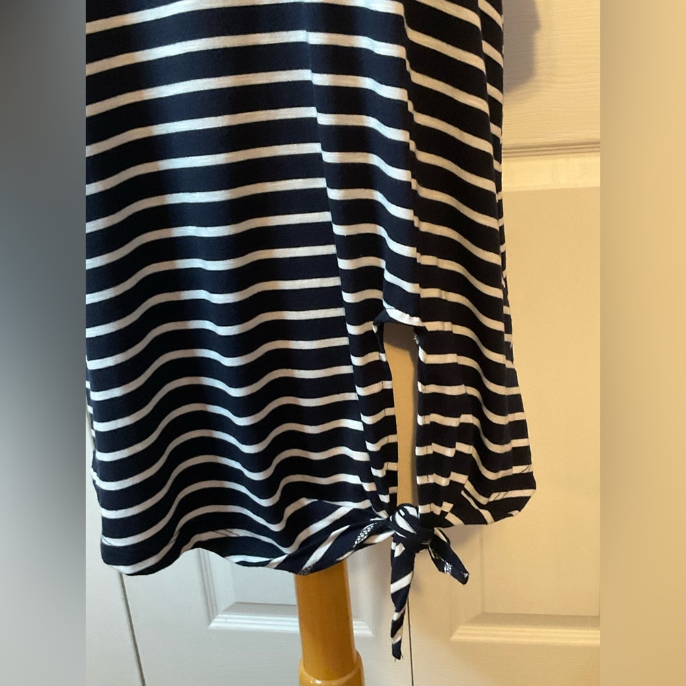 Umgee Navy Blue White Striped Scoop Neck Short Sleeve Top Shirt Small Tie Waist - Picture 2 of 4